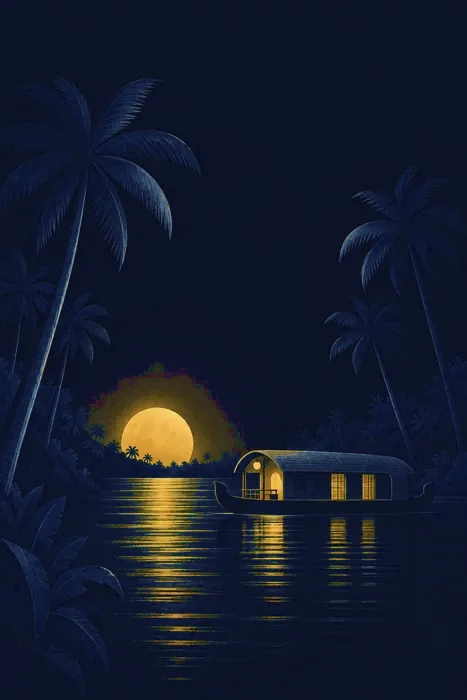 Illustration: a Kerala backwater at night under a gold moon