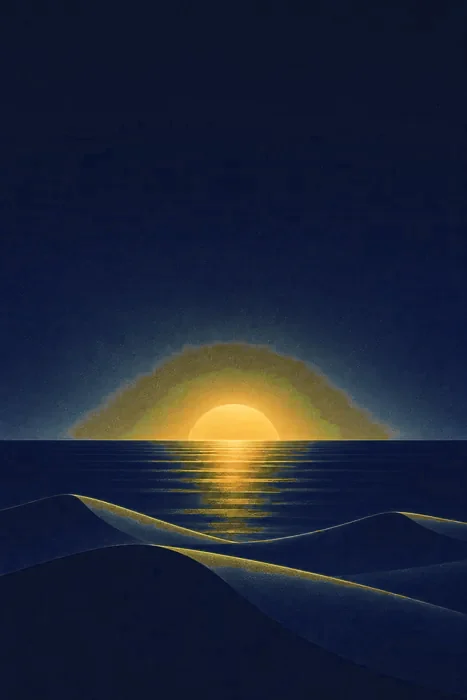 Illustration: a gold sun rising over the desert